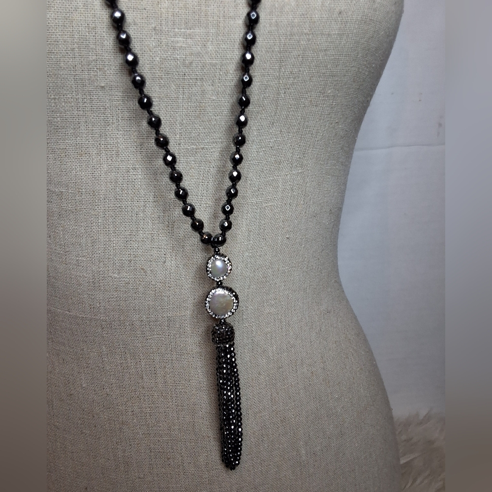 Hematite And Cultured Pearl Lariat Necklace